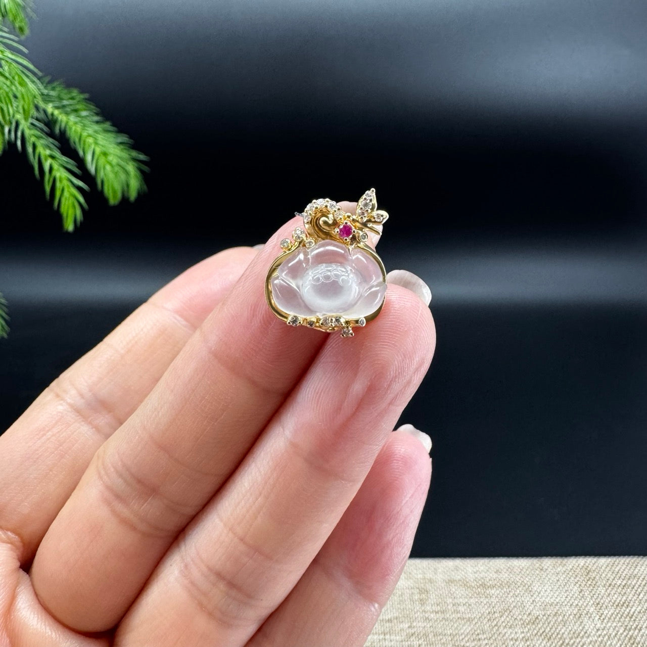 RealJade® Co. Genuine Icy Jadeite Jade Lotus Necklace With 18K Yellow Gold Diamonds Bail