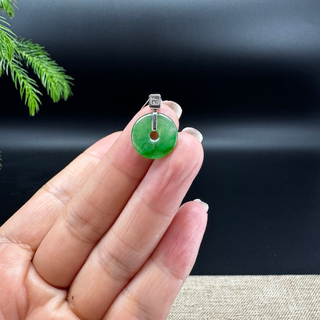 "Good Luck Button" Vibrant Green Jadeite Jade Lucky KouKou Pendant With 18K White Gold Bail