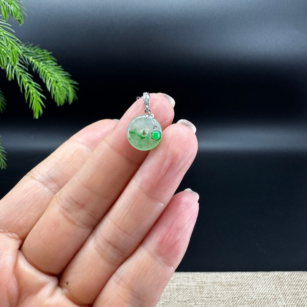"Good Luck Button" Icy Green Flower Jadeite Jade Mini KouKou Pendant With 18K White Gold Bail