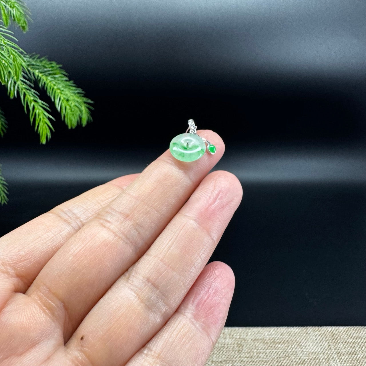 "Good Luck Button" Icy Green Flower Jadeite Jade Mini KouKou Pendant With 18K White Gold Bail