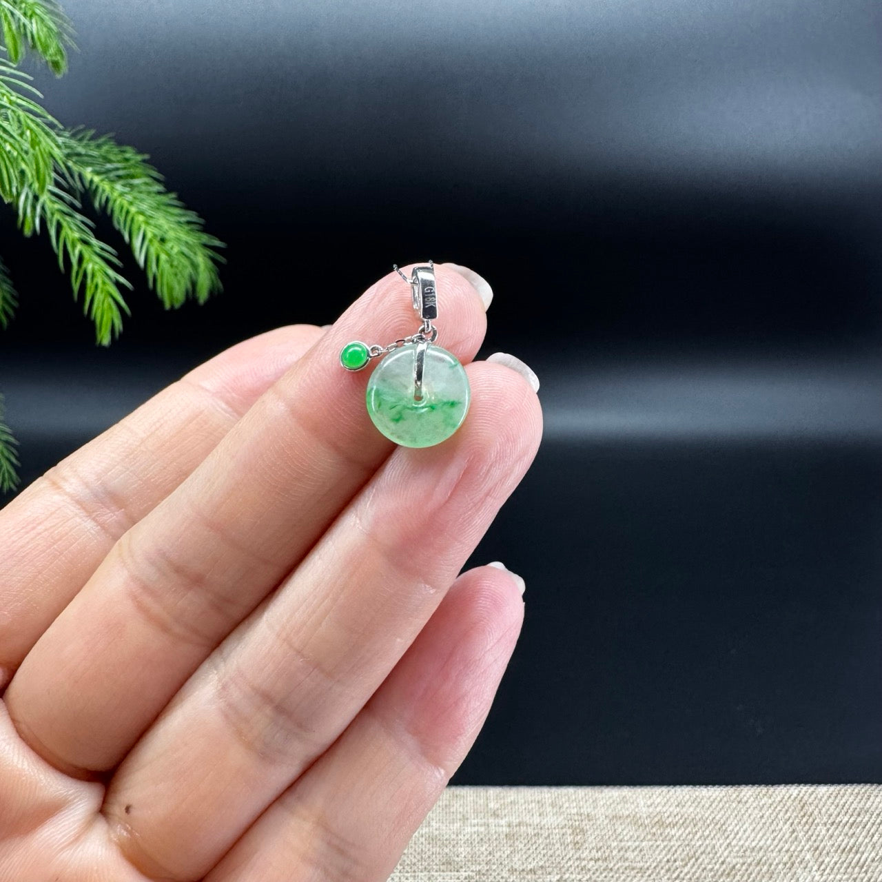 "Good Luck Button" Icy Green Flower Jadeite Jade Mini KouKou Pendant With 18K White Gold Bail