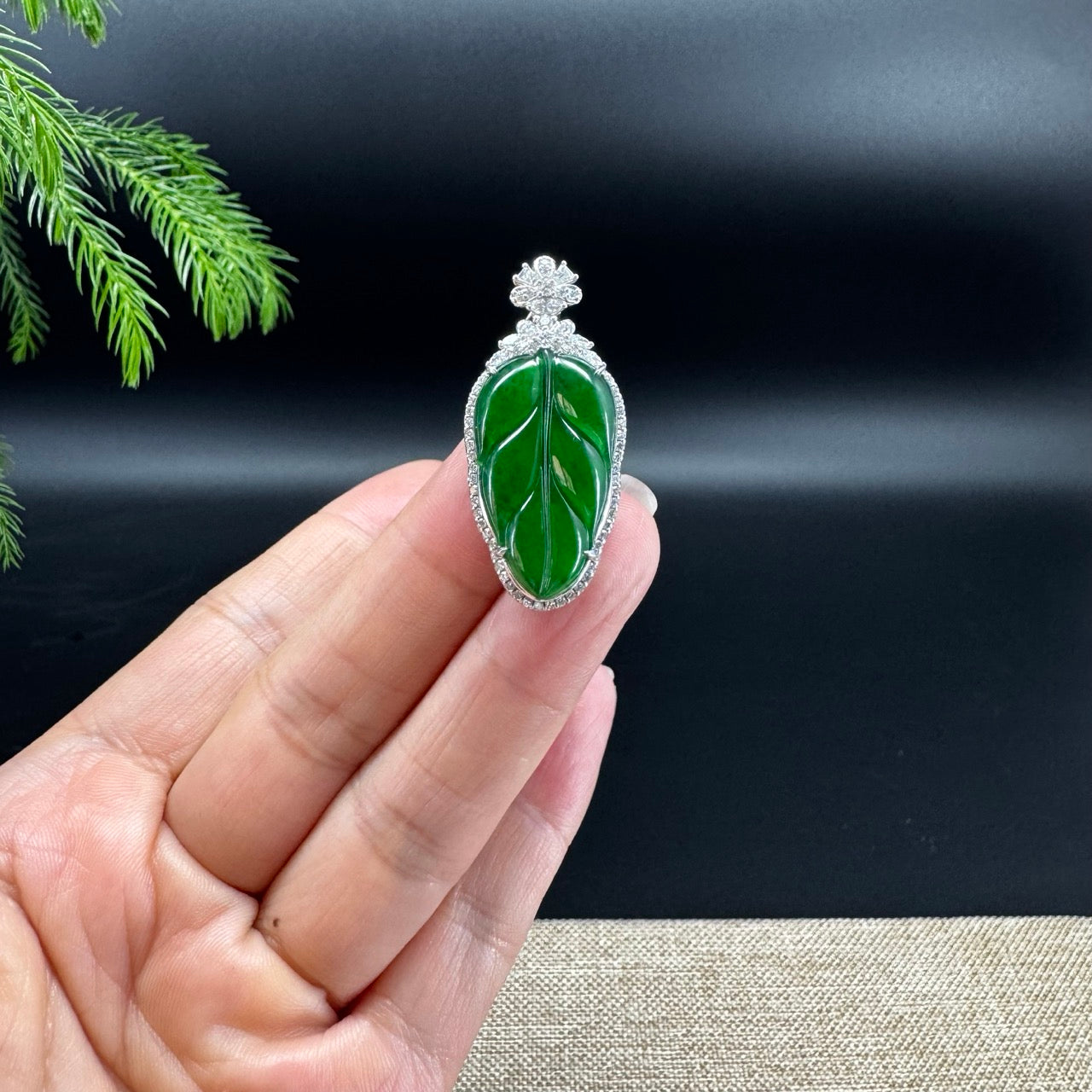 RealJade® Co. Forest Green Jadeite Jade Guatemalan Jin Zhi Yu Ye (Leaf) Necklace With 18k White Gold