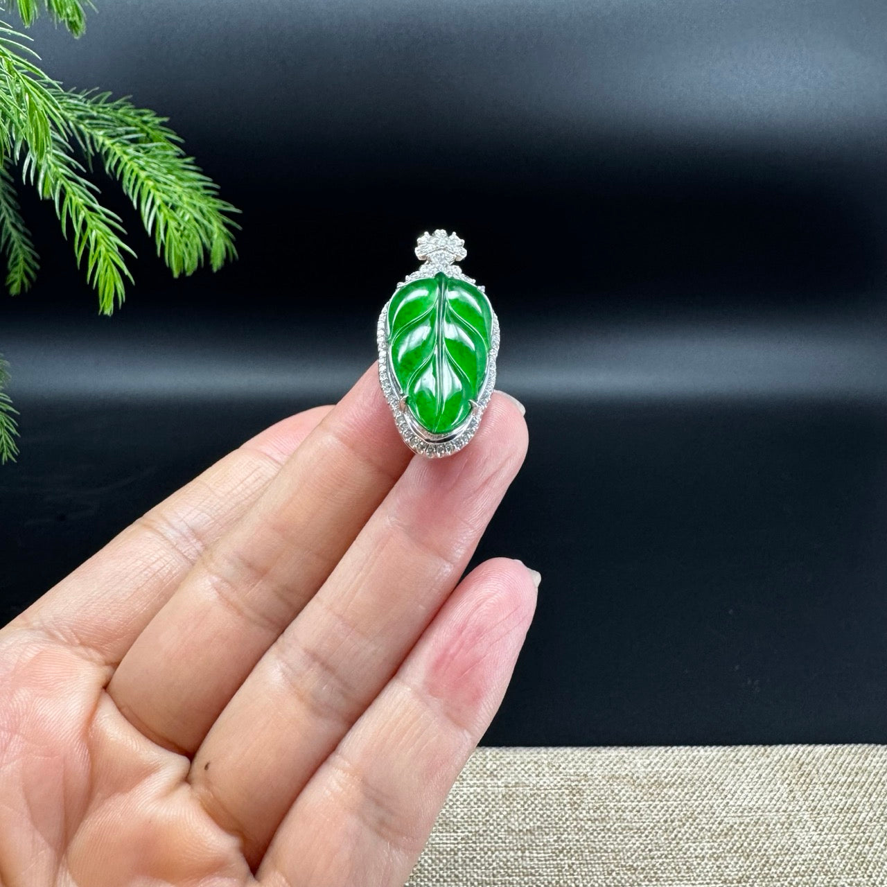 RealJade® Co. Forest Green Jadeite Jade Guatemalan Jin Zhi Yu Ye (Leaf) Necklace With 18k White Gold