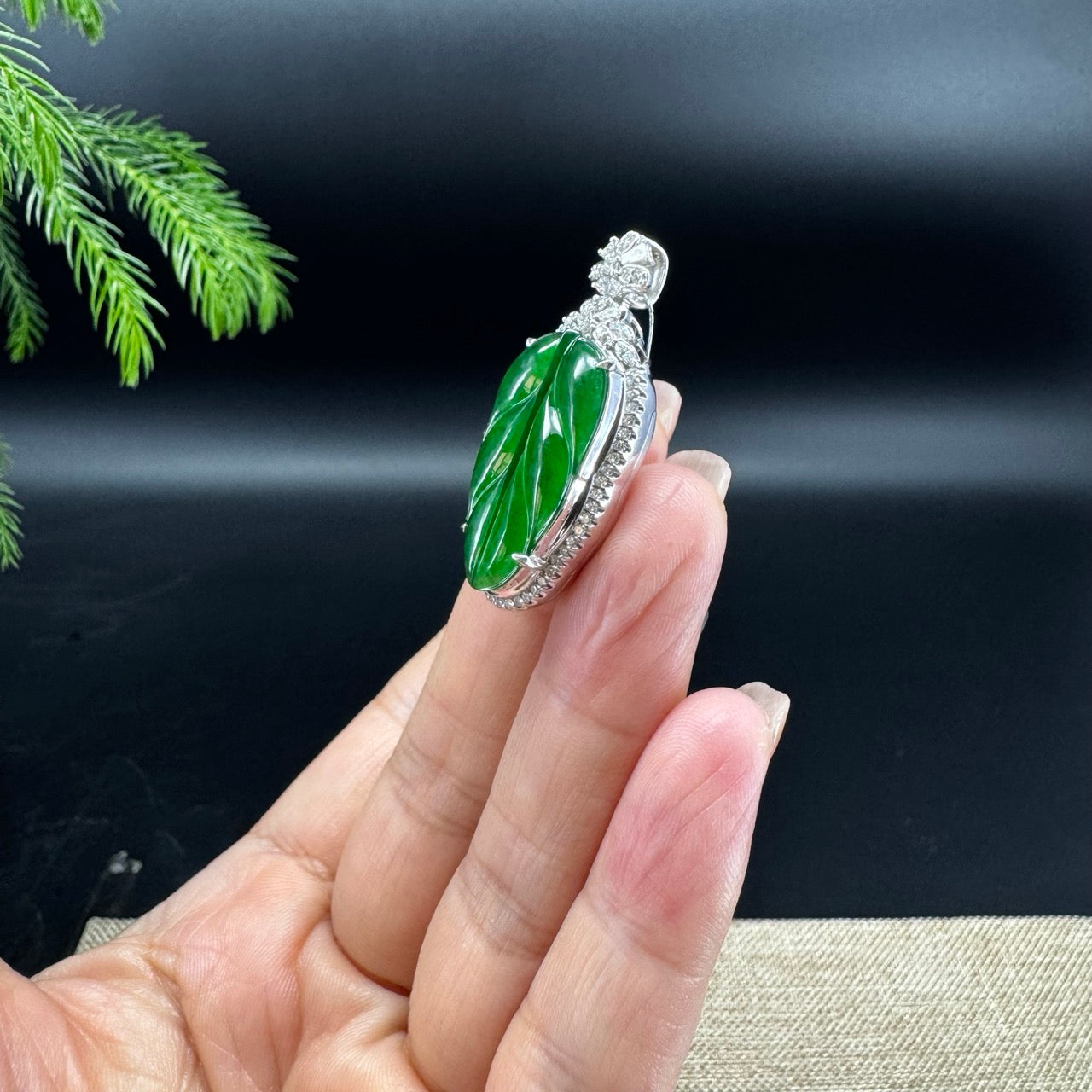 RealJade® Co. Forest Green Jadeite Jade Guatemalan Jin Zhi Yu Ye (Leaf) Necklace With 18k White Gold
