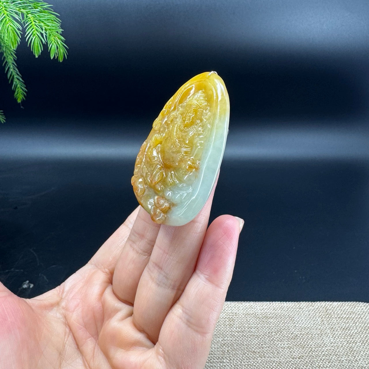 RealJade® Co. Genuine Yellow Green Jadeite Jade Caishen Pendant Necklace