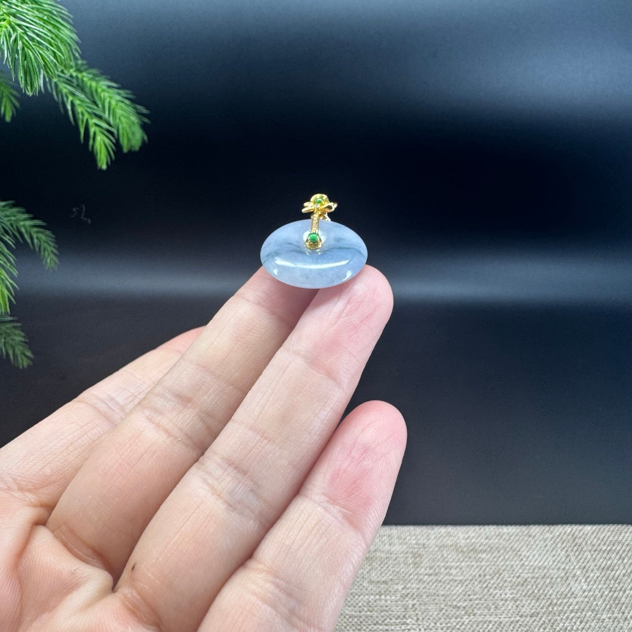 "Good Luck Button"Jadeite Jade Lucky KouKou Pendant With 18K Yellow Gold Diamonds Bail