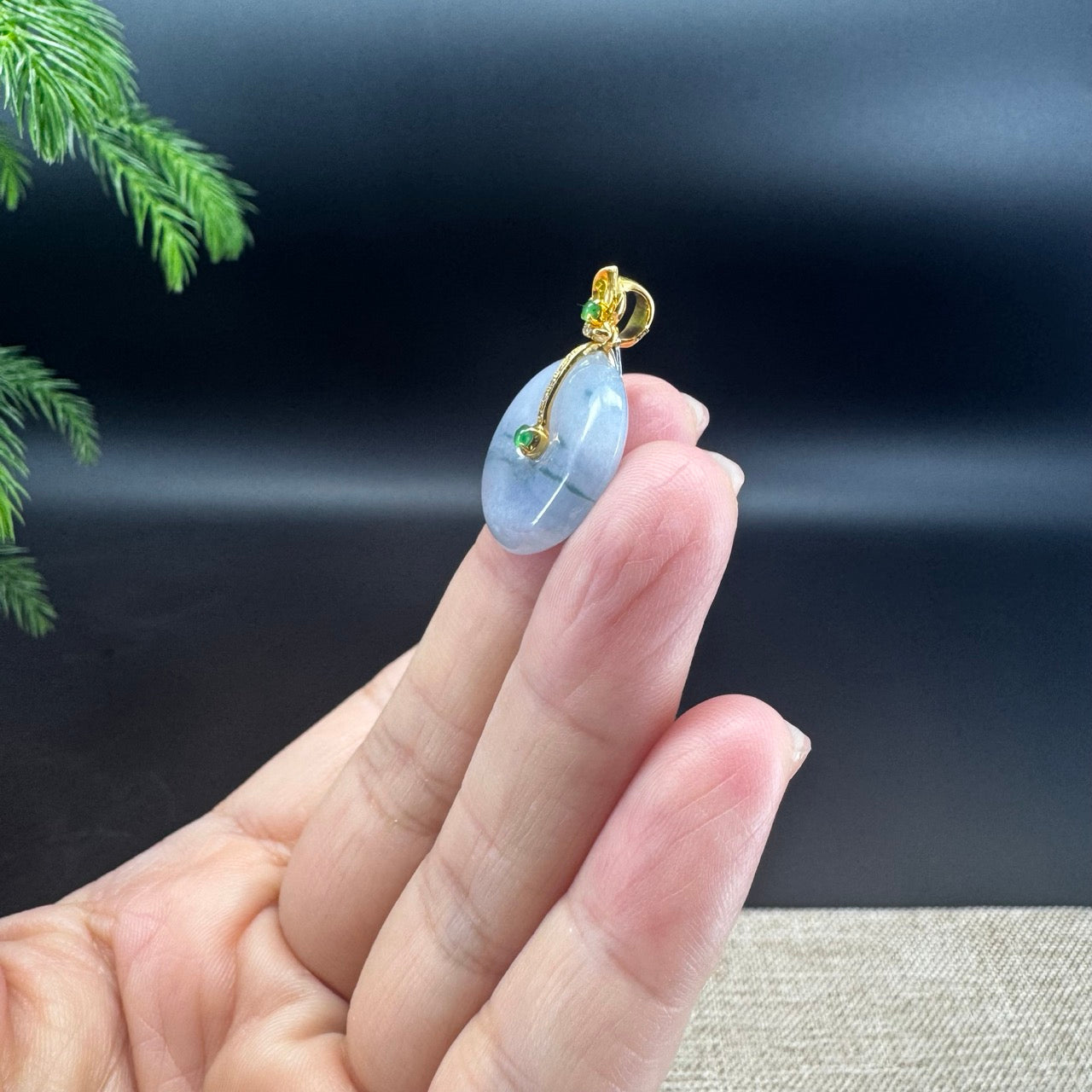 "Good Luck Button"Jadeite Jade Lucky KouKou Pendant With 18K Yellow Gold Diamonds Bail