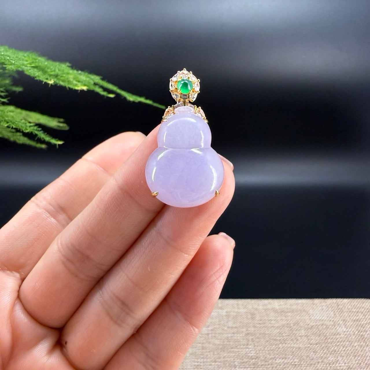 RealJade® Co. Genuine Light Lavender Jadeite Jade Good Luck Hulu Necklace With 18K Yellow Gold Bail And Diamonds