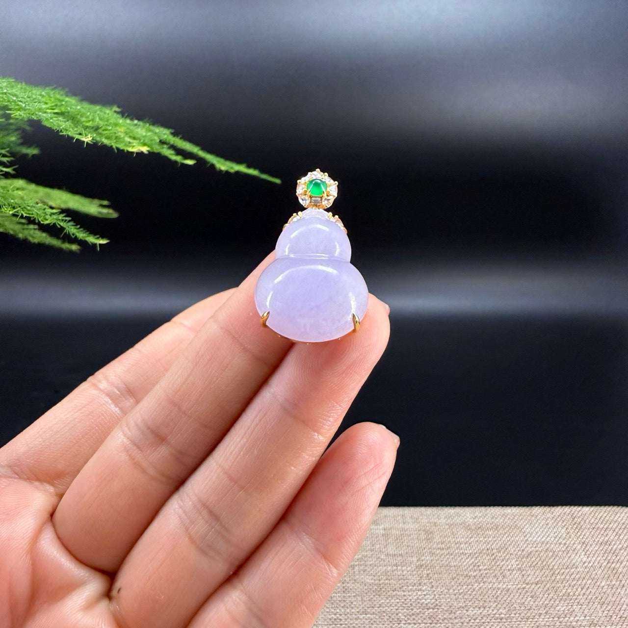 RealJade® Co. Genuine Light Lavender Jadeite Jade Good Luck Hulu Necklace With 18K Yellow Gold Bail And Diamonds