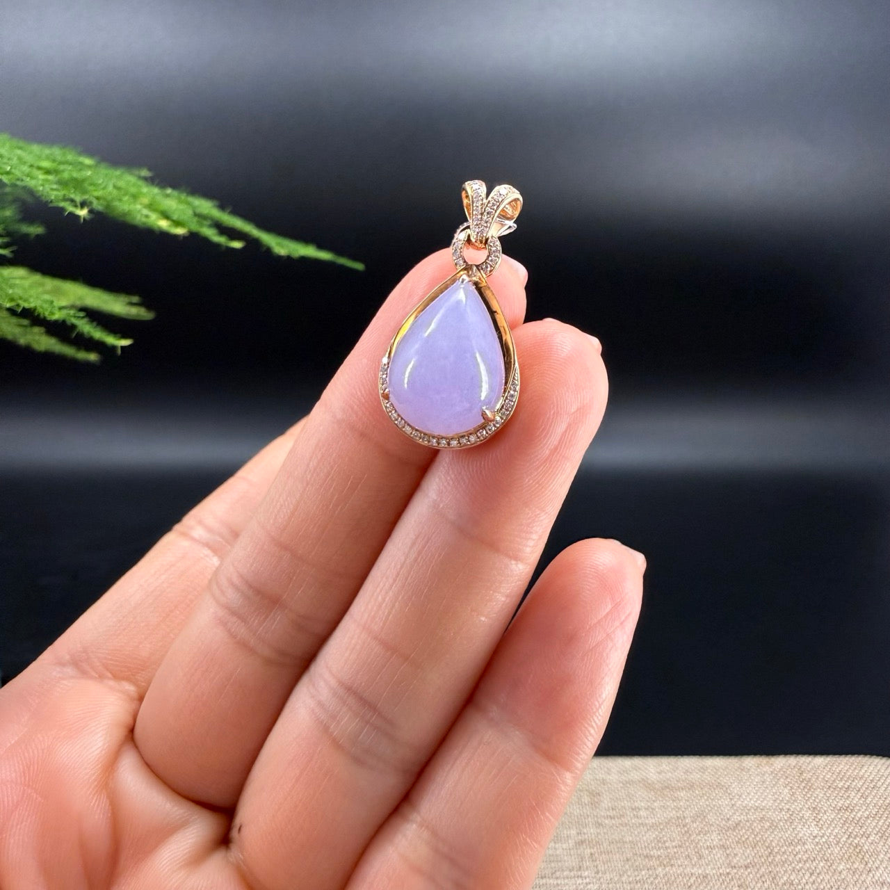 RealJade® "Tear Drop" 18k Rose Gold Lavender Jadeite jade Diamond Pendant Necklace