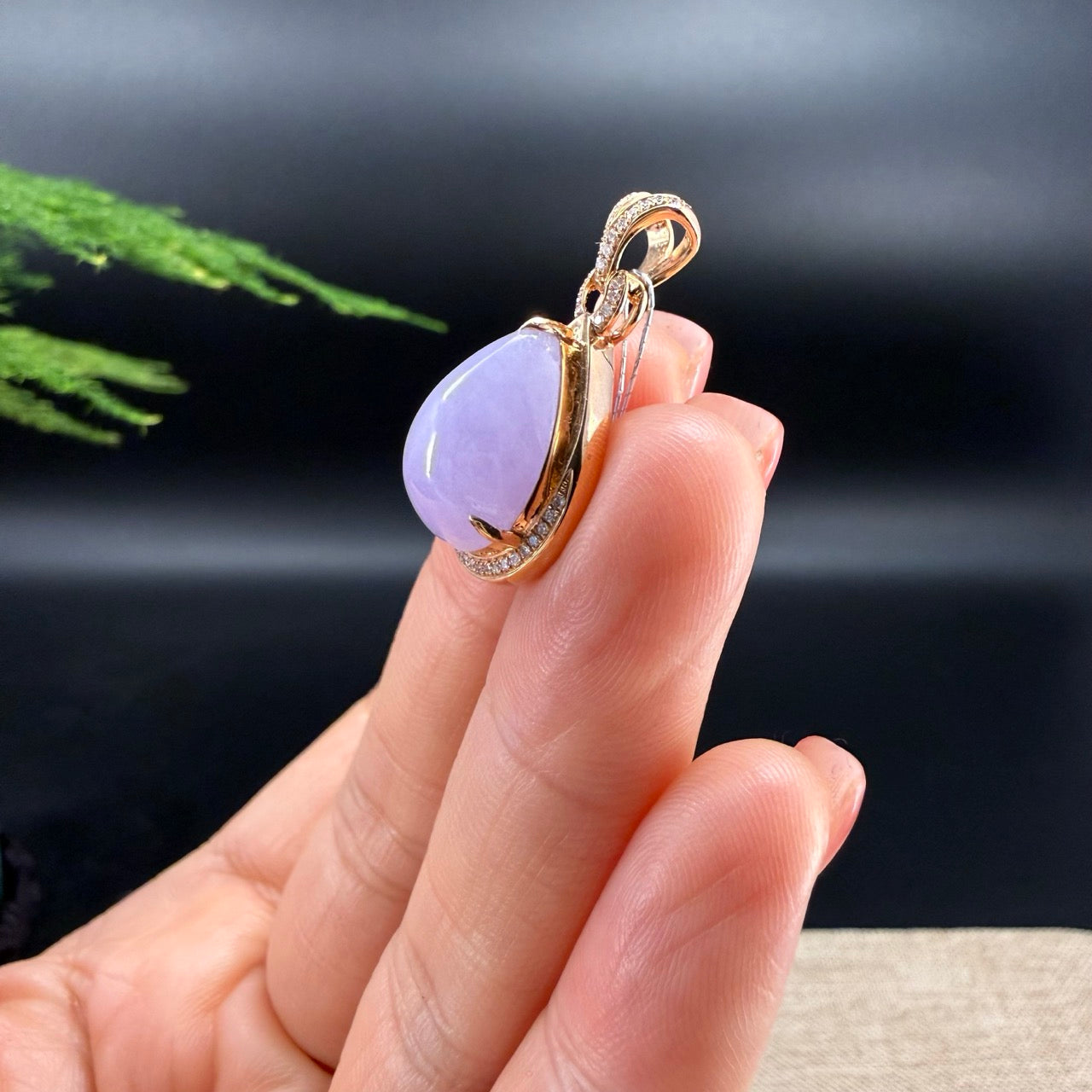 RealJade® "Tear Drop" 18k Rose Gold Lavender Jadeite jade Diamond Pendant Necklace