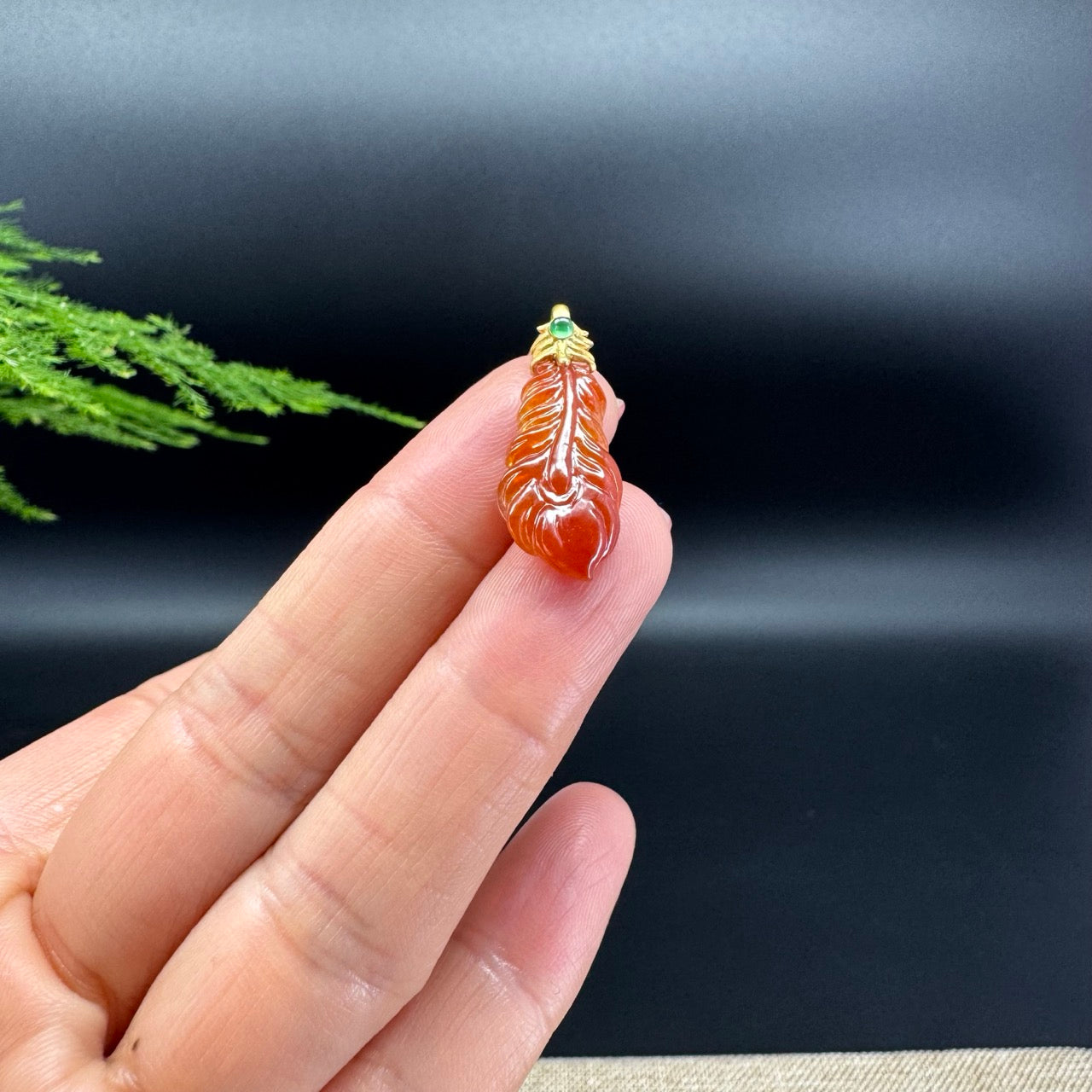 RealJade® Co. 18K Yellow Gold Genuine Red Jadeite Jade Feather Necklace