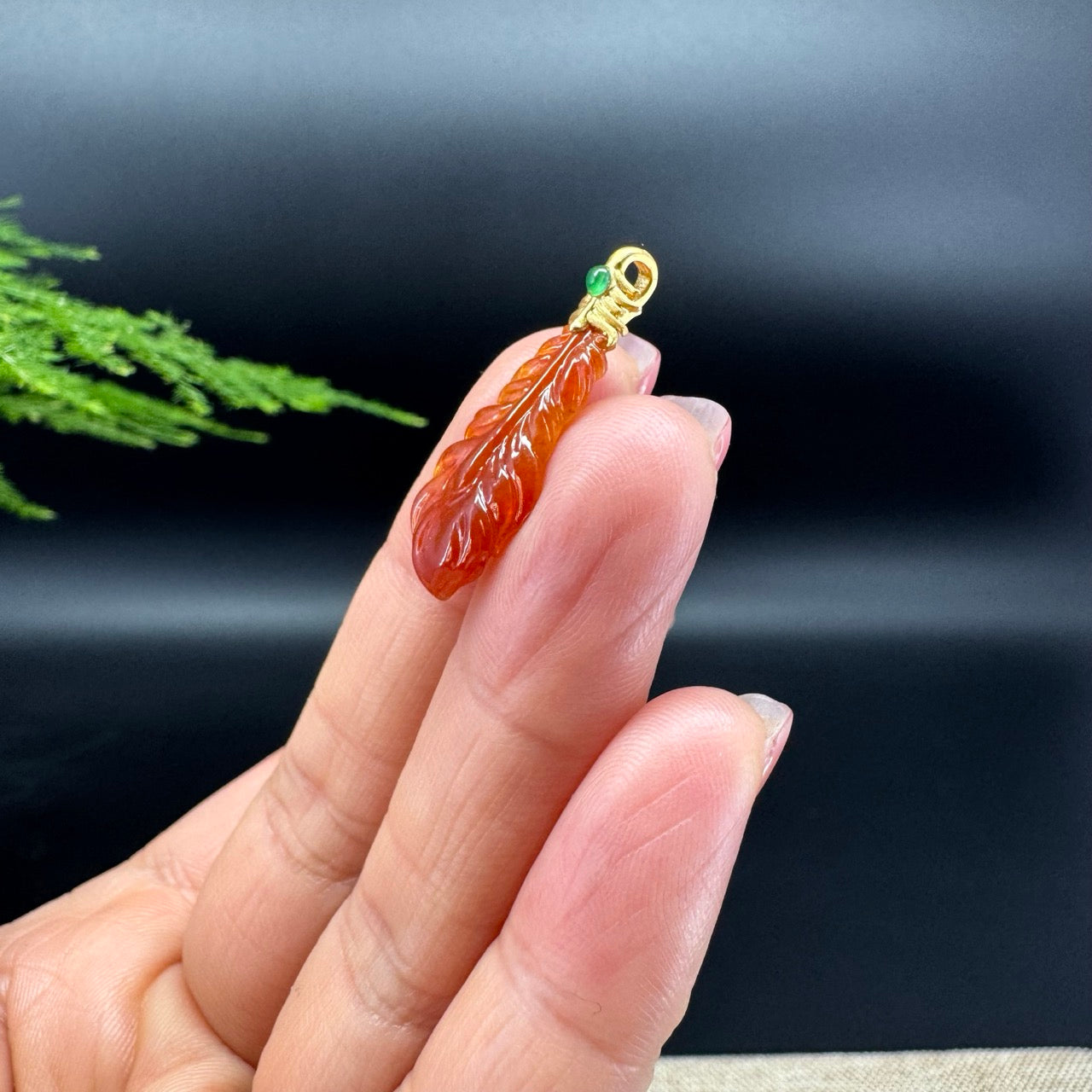 RealJade® Co. 18K Yellow Gold Genuine Red Jadeite Jade Feather Necklace