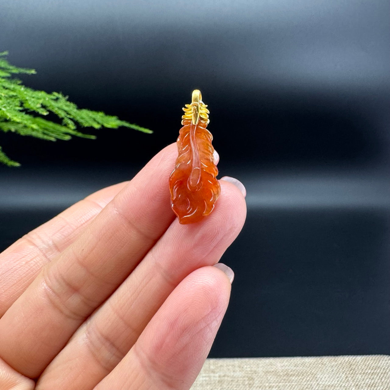 RealJade® Co. 18K Yellow Gold Genuine Red Jadeite Jade Feather Necklace