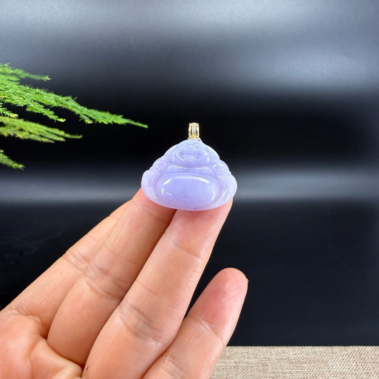 18K Yellow Gold Burmese Lavender Jadeite Jade Happy Buddha Pendant