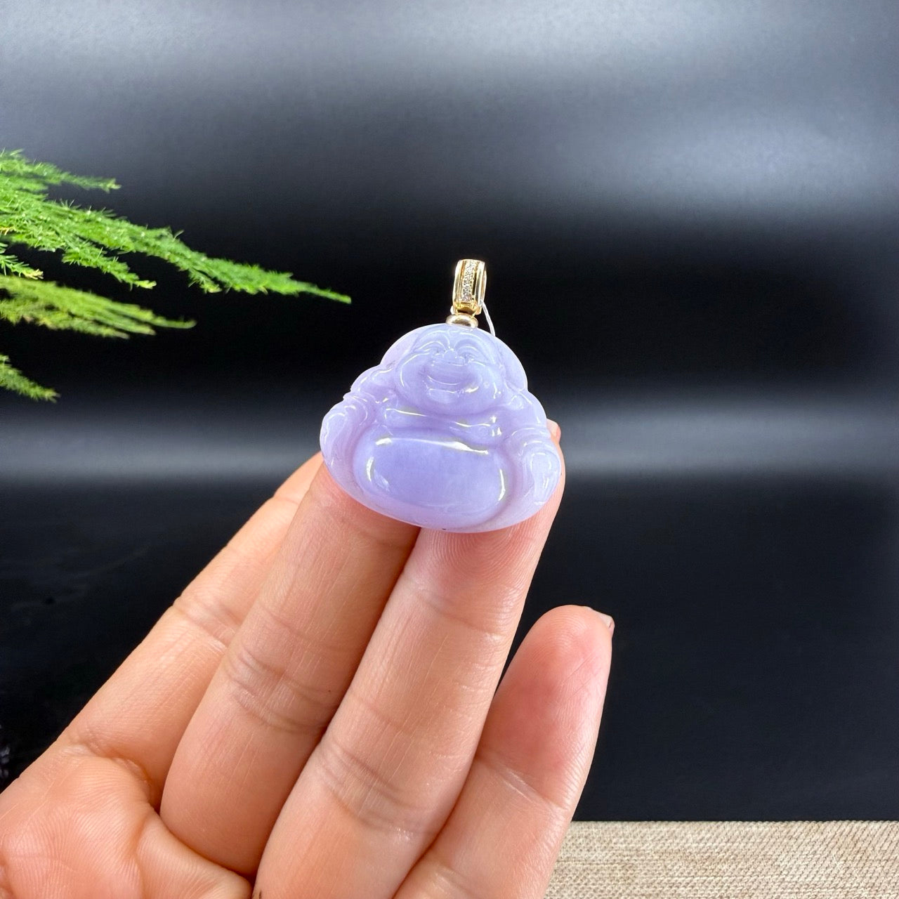 18K Yellow Gold Burmese Lavender Jadeite Jade Happy Buddha Pendant