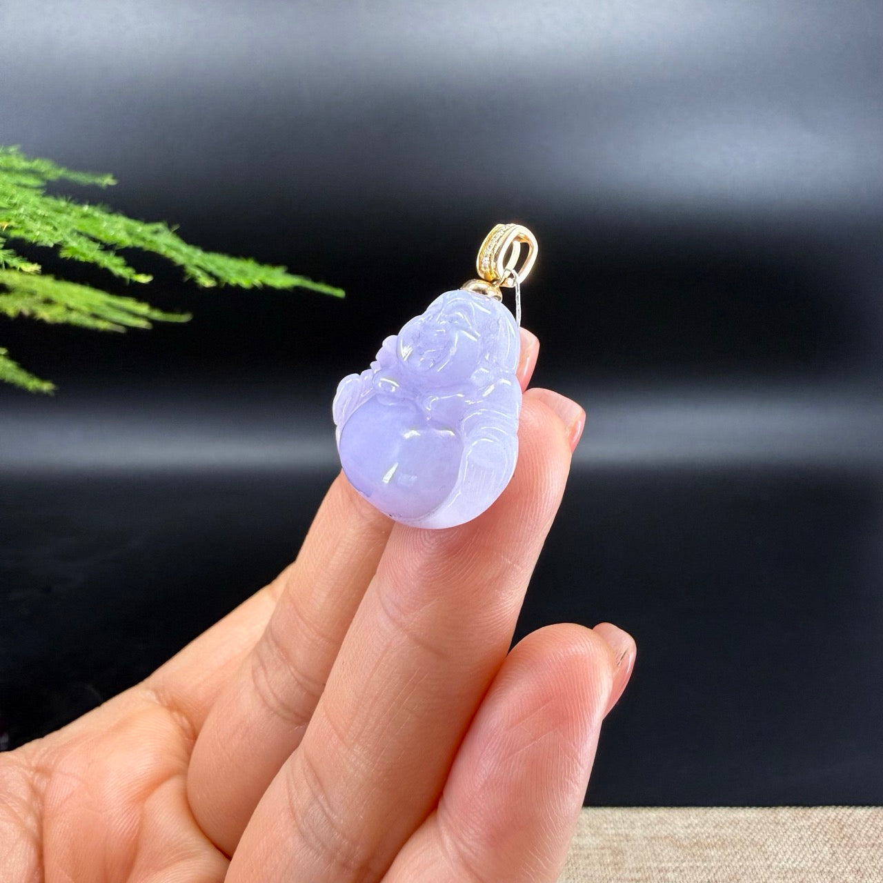 18K Yellow Gold Burmese Lavender Jadeite Jade Happy Buddha Pendant