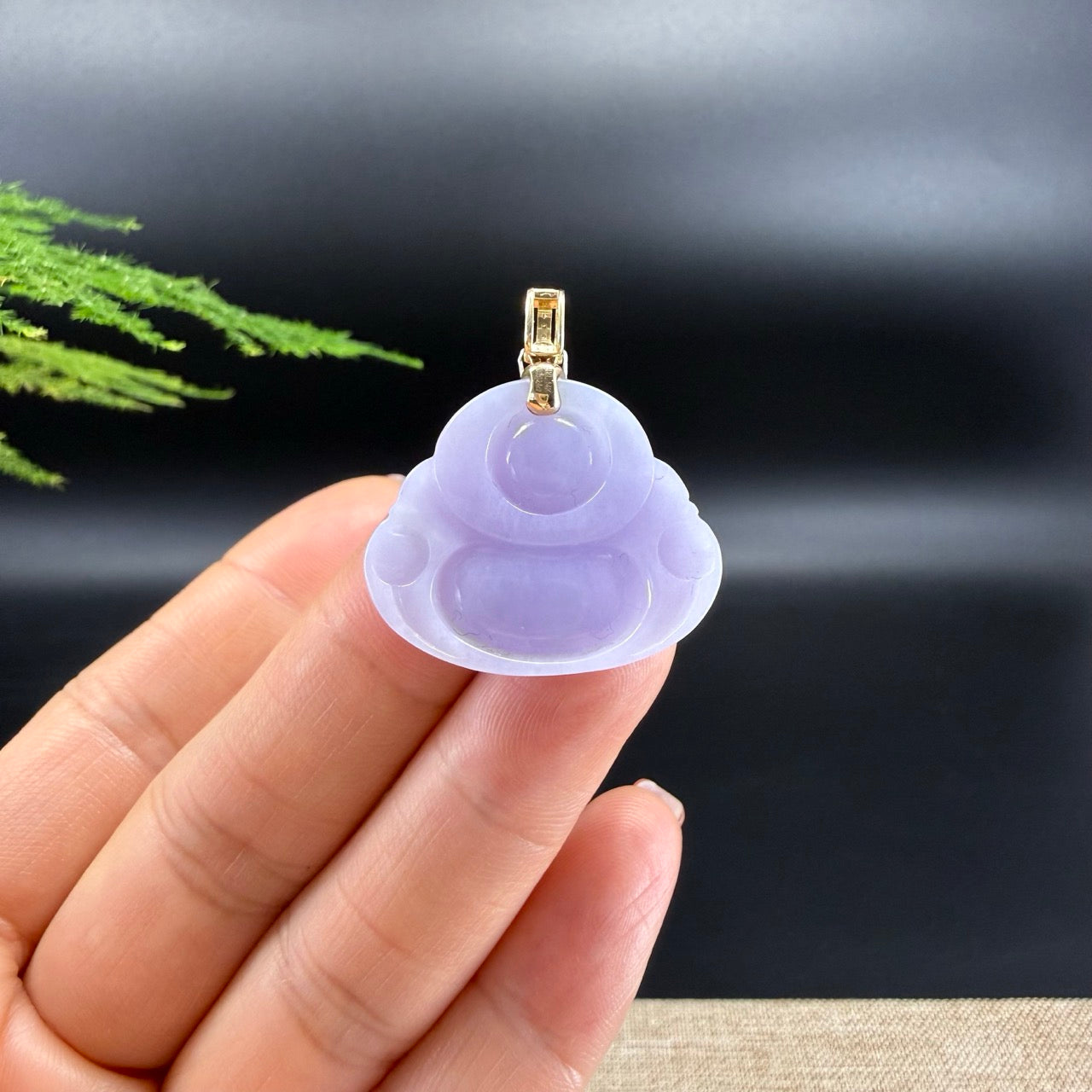 18K Yellow Gold Burmese Lavender Jadeite Jade Happy Buddha Pendant
