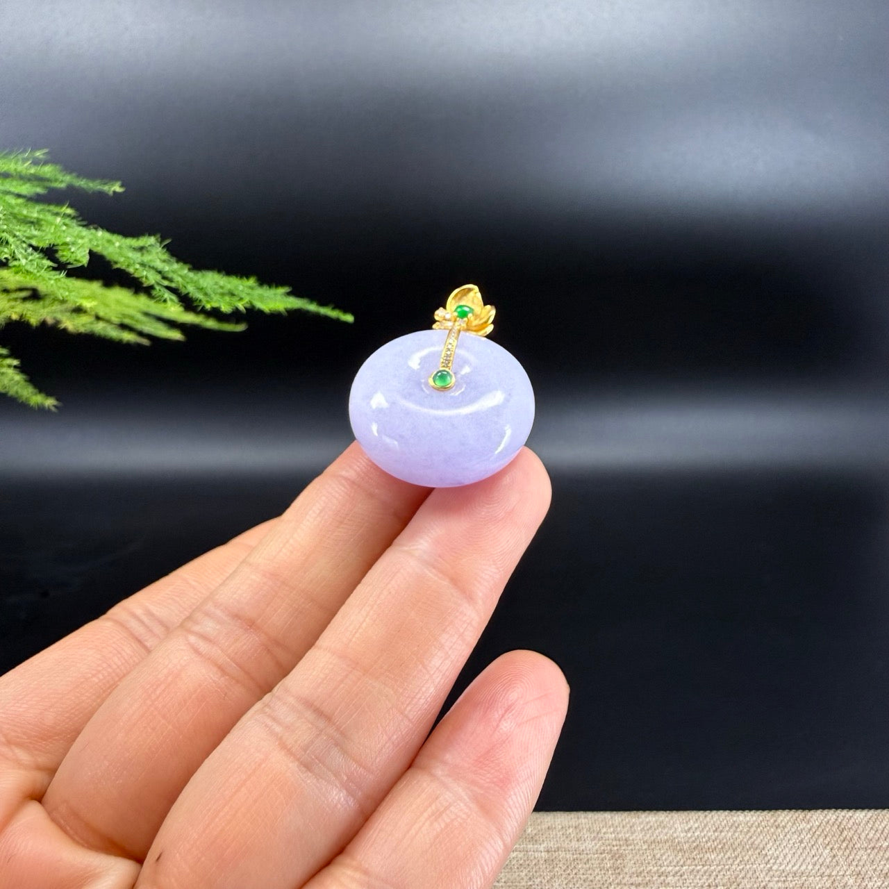 "Good Luck Button" Lavender Jadeite Jade Lucky KouKou Pendant With 18K Yellow Gold Bail