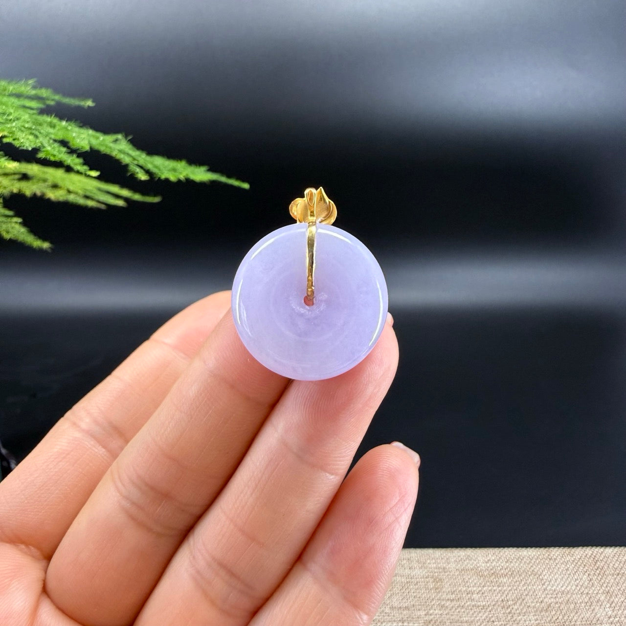 "Good Luck Button" Lavender Jadeite Jade Lucky KouKou Pendant With 18K Yellow Gold  Bail
