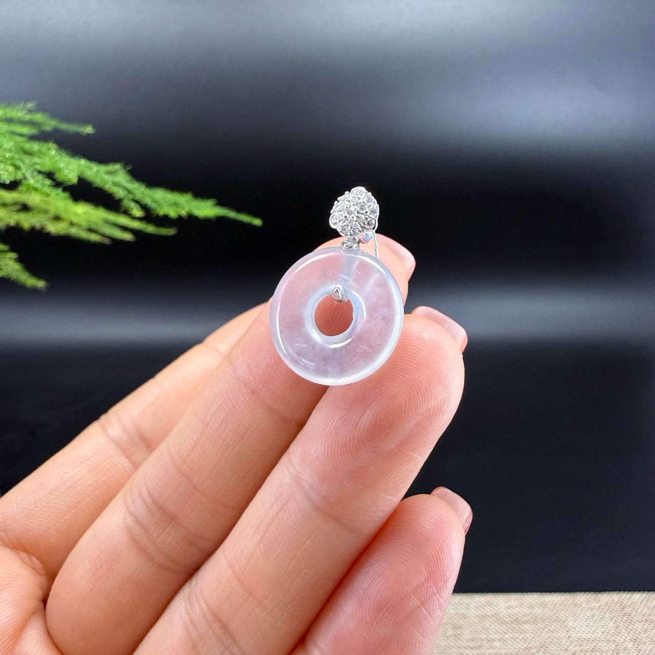 "Good Luck Button" Icy Jadeite Jade Lucky KouKou Pendant With 18K White Gold Bail