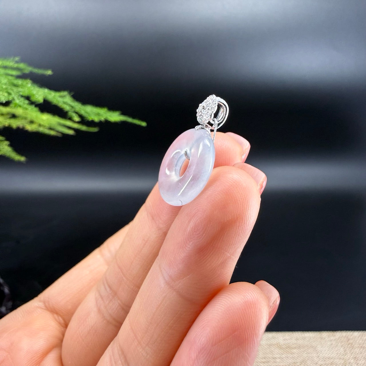 "Good Luck Button" Icy Jadeite Jade Lucky KouKou Pendant With 18K White Gold Bail