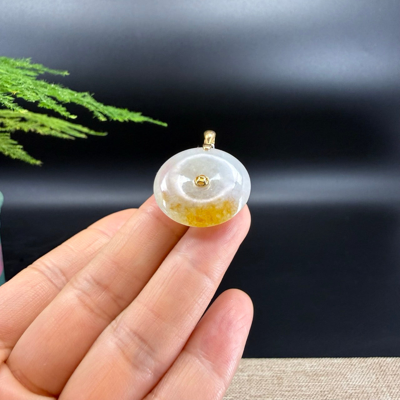 "Good Luck Button" Icy Yellow Jadeite Jade Lucky KouKou Pendant With 18K Yellow Gold Bail