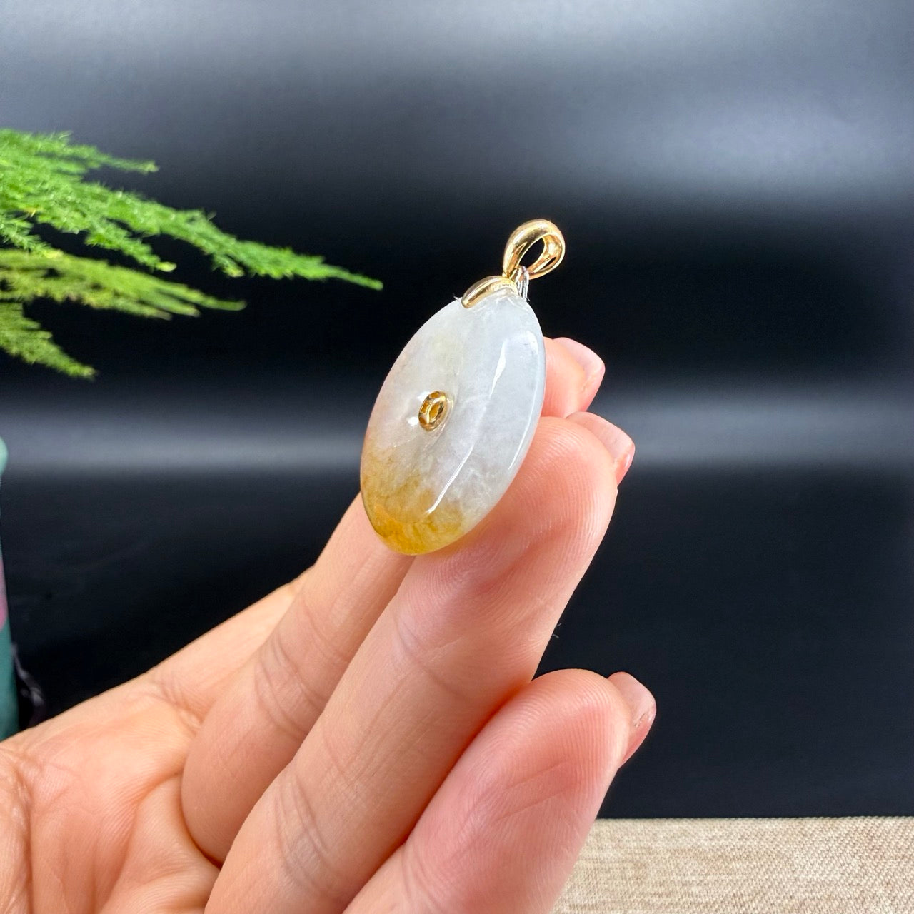 "Good Luck Button" Icy Yellow Jadeite Jade Lucky KouKou Pendant With 18K Yellow Gold Bail
