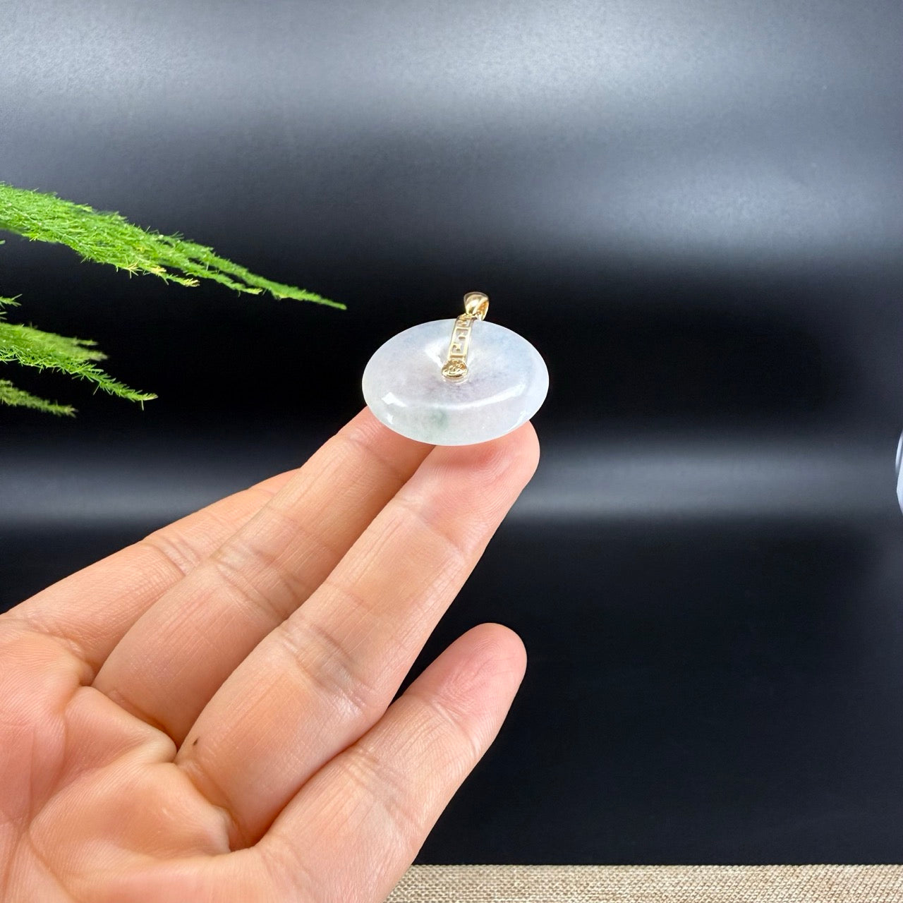 "Good Luck Button"Icy Jadeite Jade Lucky KouKou Pendant With 18K Yellow Gold Bail