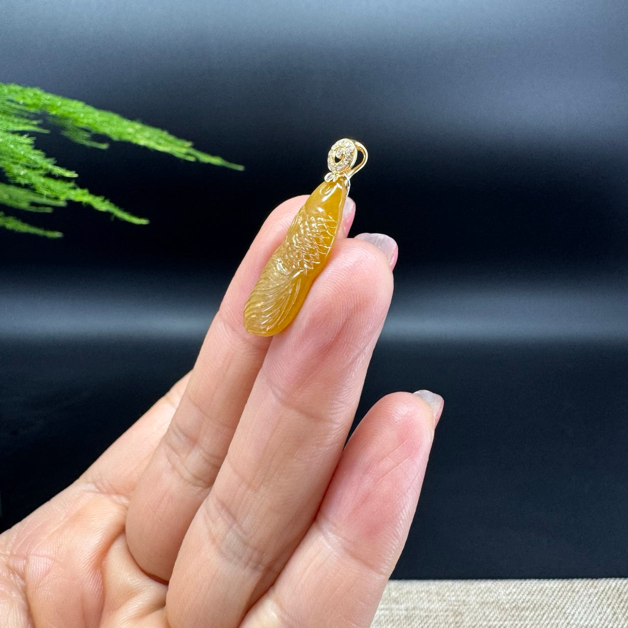 RealJade® Co. 18K Yellow Gold Genuine Honey Yellow Jadeite Jade Koi Fish Necklace