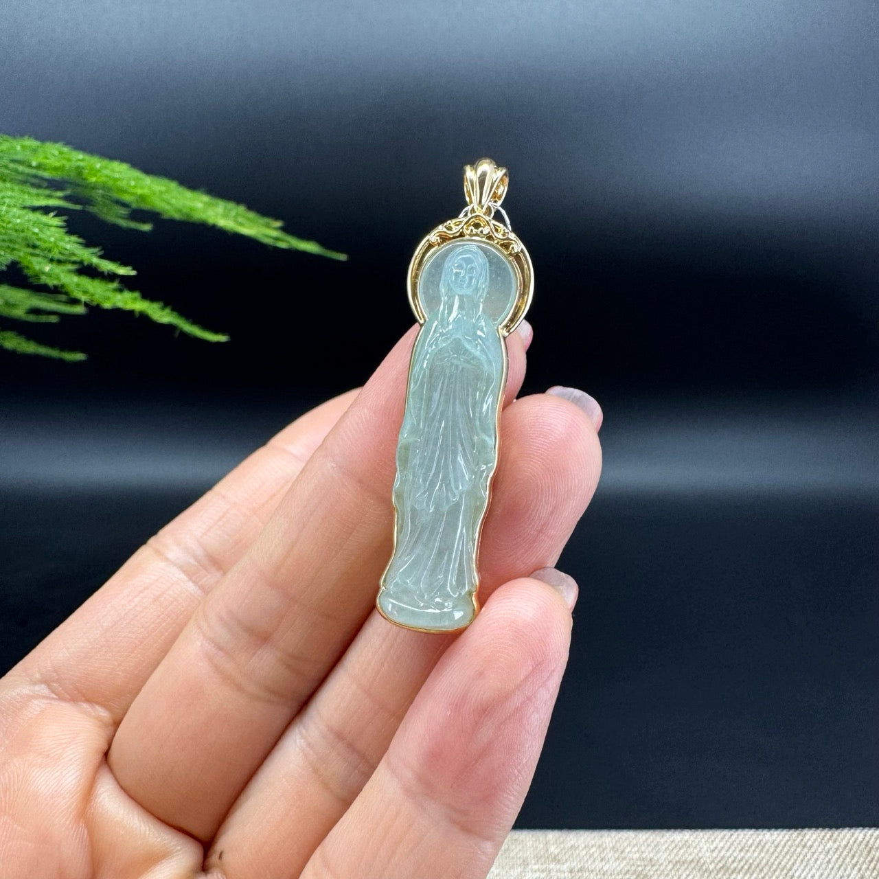 RealJade® 18K Yellow Gold Genuine Icy Green Jadeite Jade Mother Mary Pendant Necklace