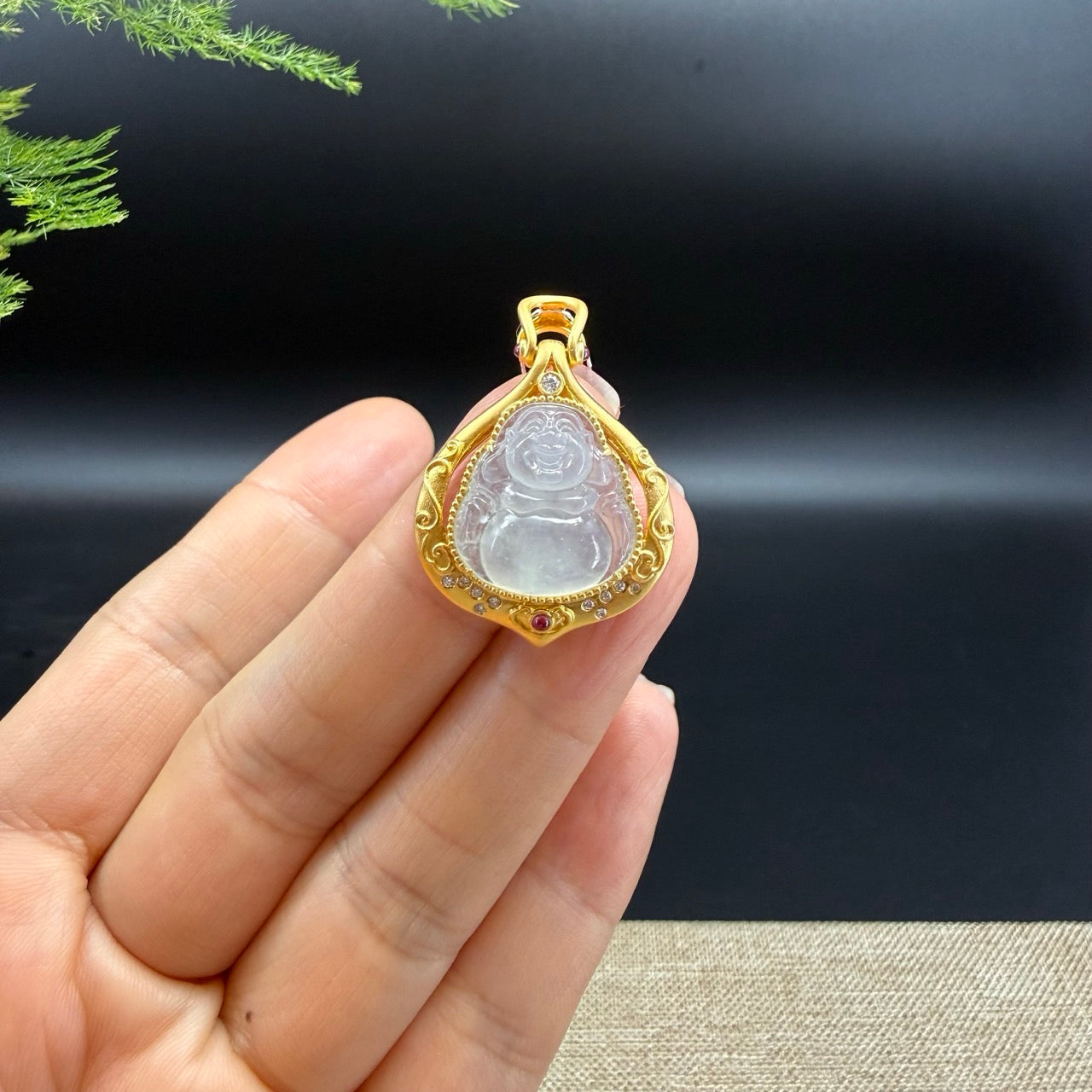 18K Yellow Gold Burmese Icy Jadeite Jade Happy Buddha Pendant with Diamonds