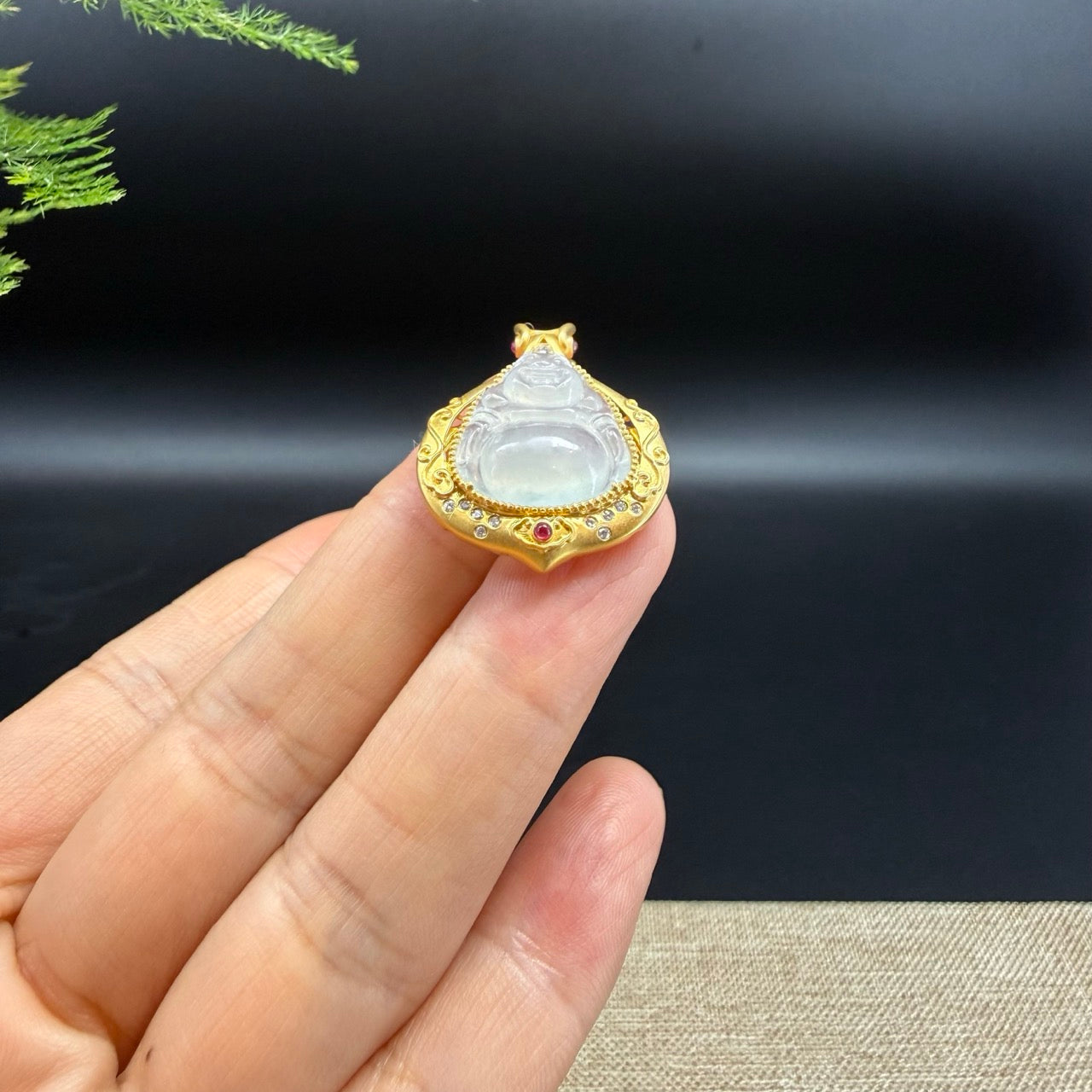 18K Yellow Gold Burmese Icy Jadeite Jade Happy Buddha Pendant with Diamonds