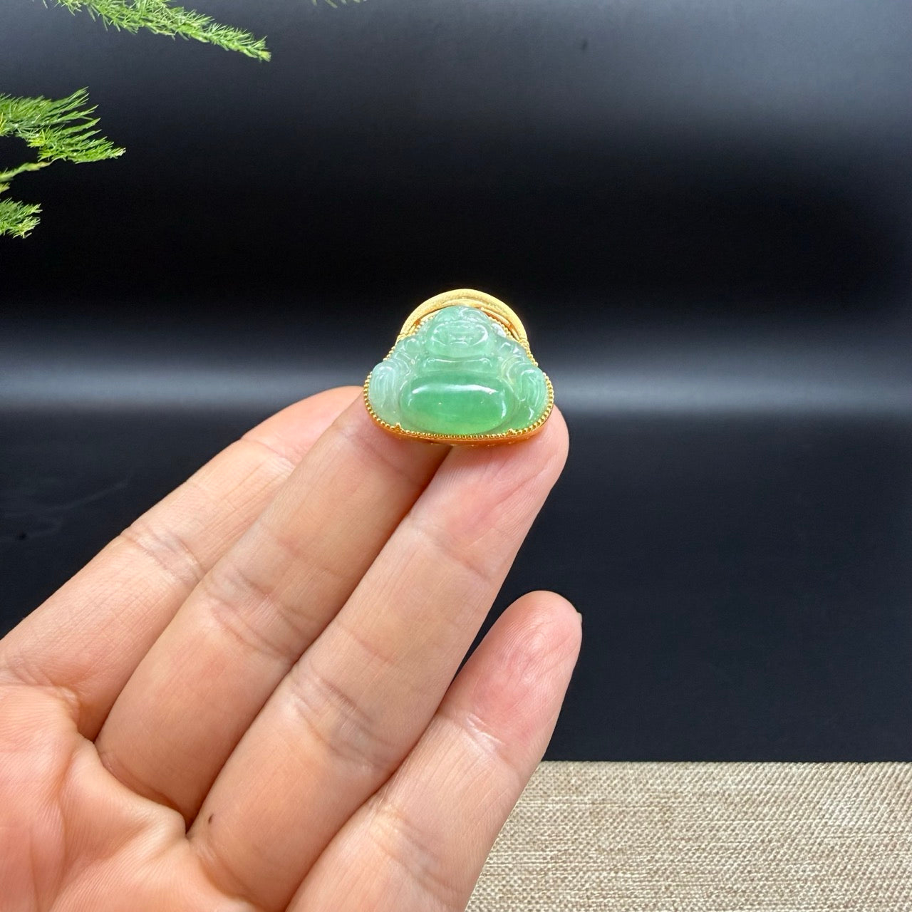 18K Yellow Gold Burmese Green Jadeite Jade Happy Buddha Pendant