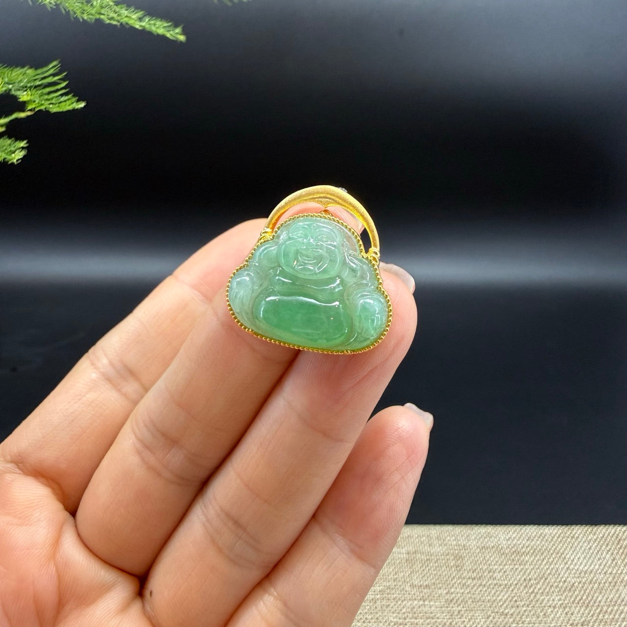 18K Yellow Gold Burmese Green Jadeite Jade Happy Buddha Pendant