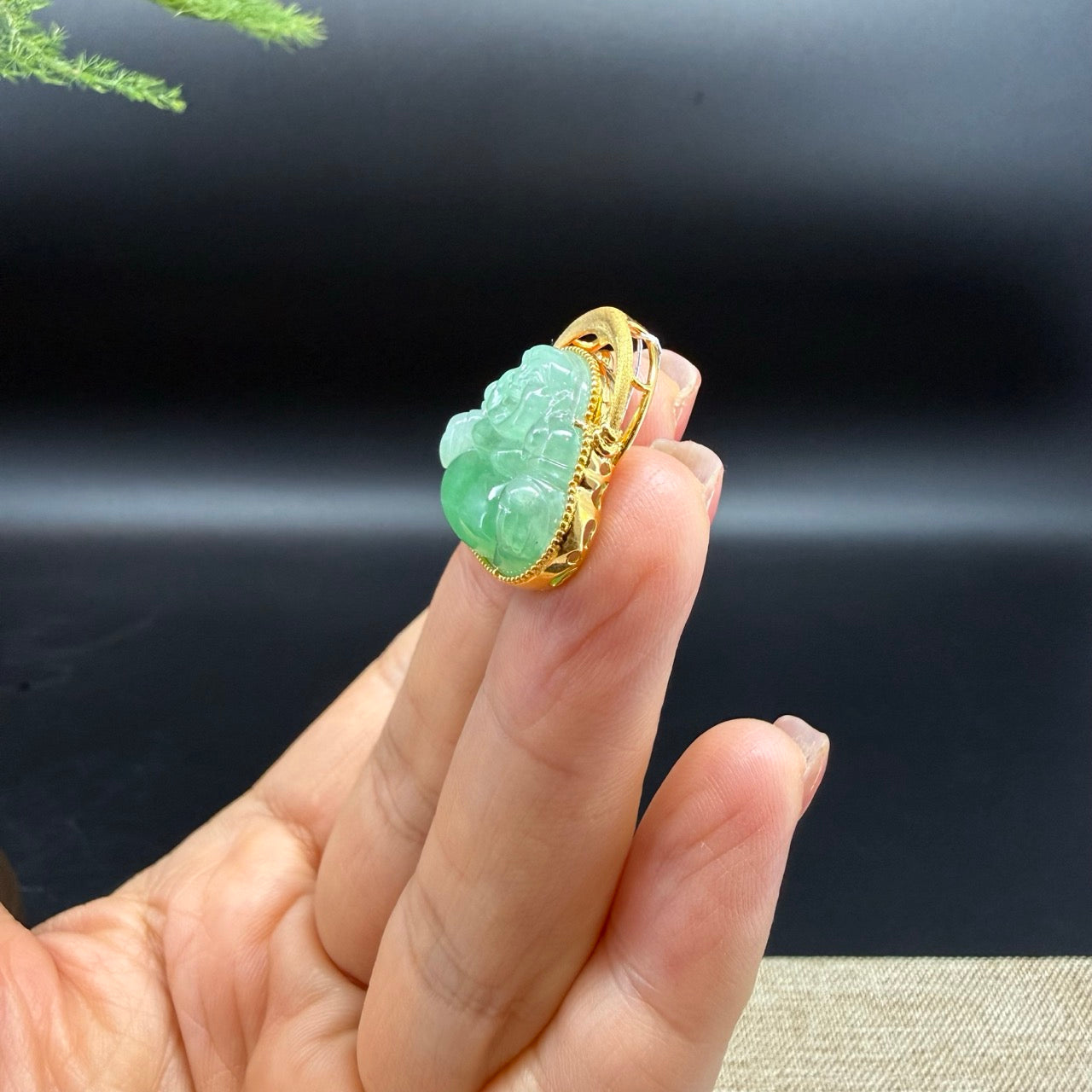 18K Yellow Gold Burmese Green Jadeite Jade Happy Buddha Pendant