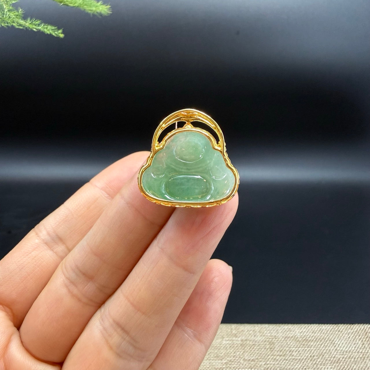 18K Yellow Gold Burmese Green Jadeite Jade Happy Buddha Pendant