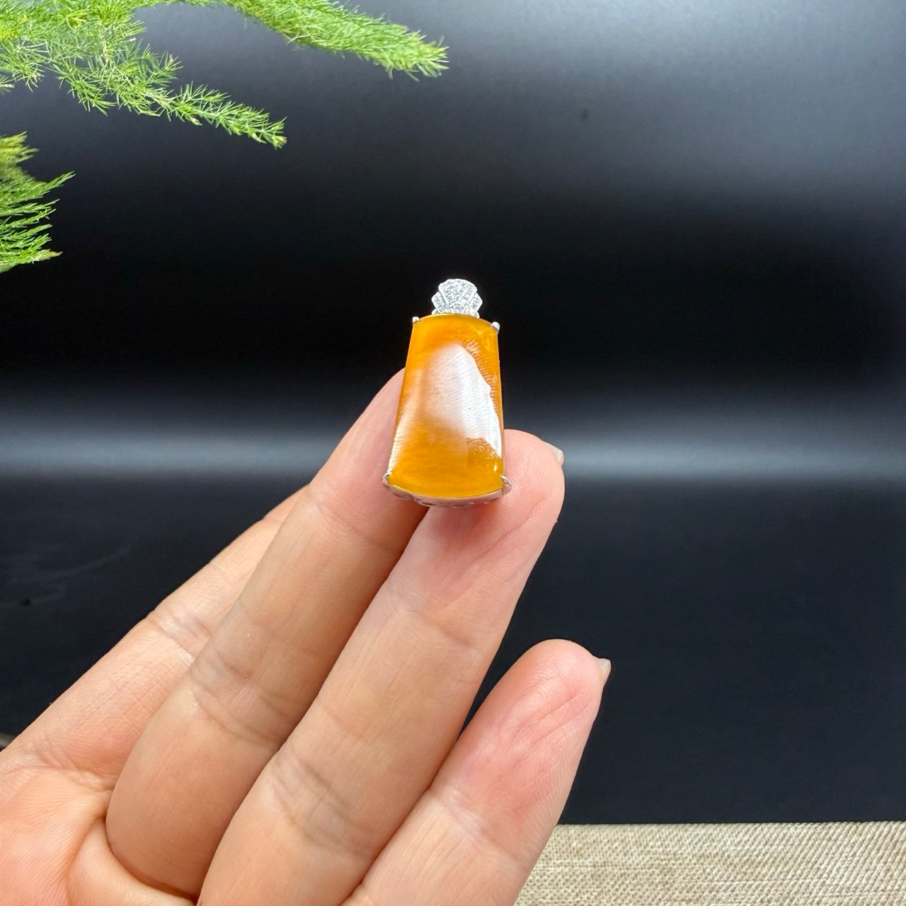 18k White Gold Honey Yellow Jadeite Jade"Ping An Wu Shi Pai" Pendant Necklace