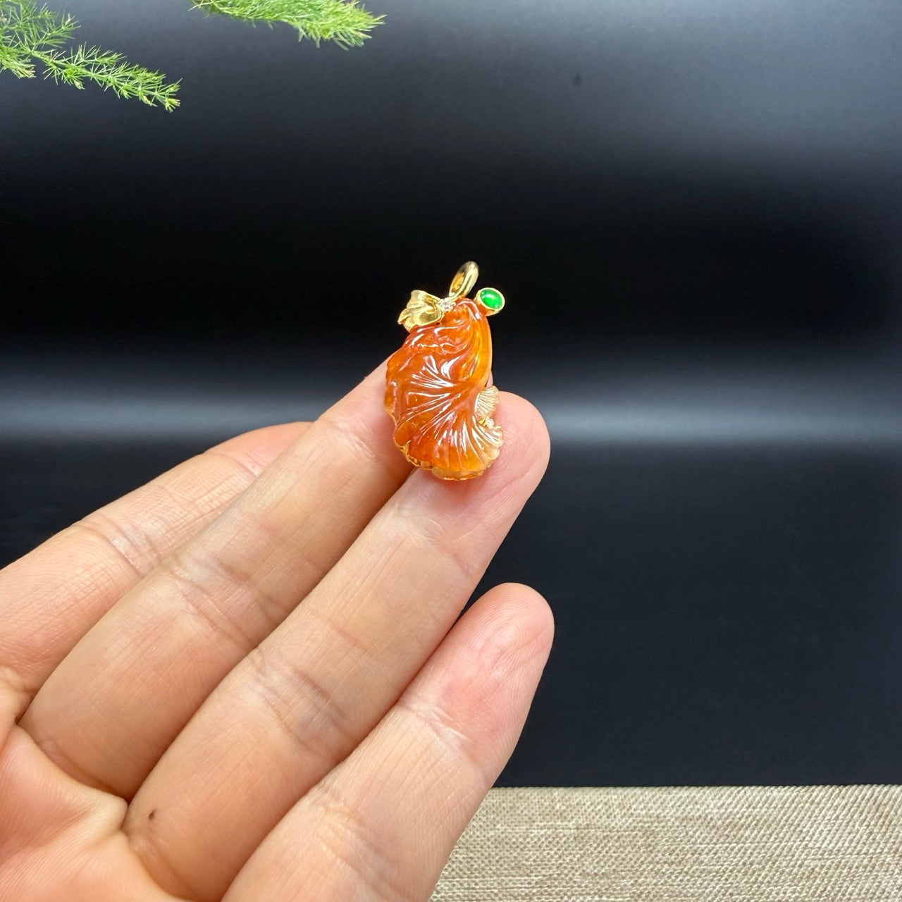 RealJade® "Ginkgo Leaf" 18K Yellow Gold Red Jadeite Jade Pendant Necklace