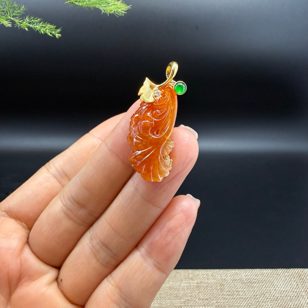 RealJade® "Ginkgo Leaf" 18K Yellow Gold Red Jadeite Jade Pendant Necklace