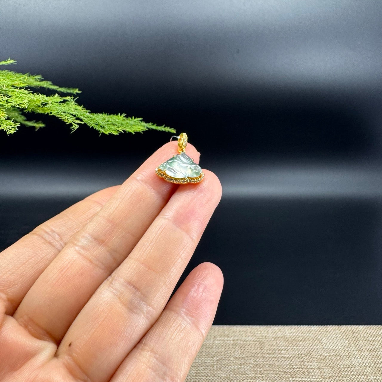 RealJade® 18k Yellow Gold Icy blue Jadeite Jade Mini Rabbit Pendant with Diamonds