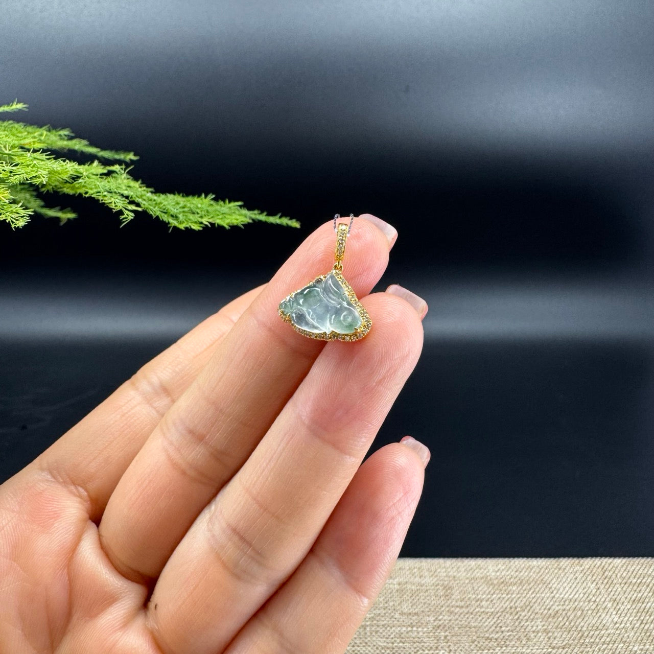 RealJade® 18k Yellow Gold Icy blue Jadeite Jade Mini Rabbit Pendant with Diamonds