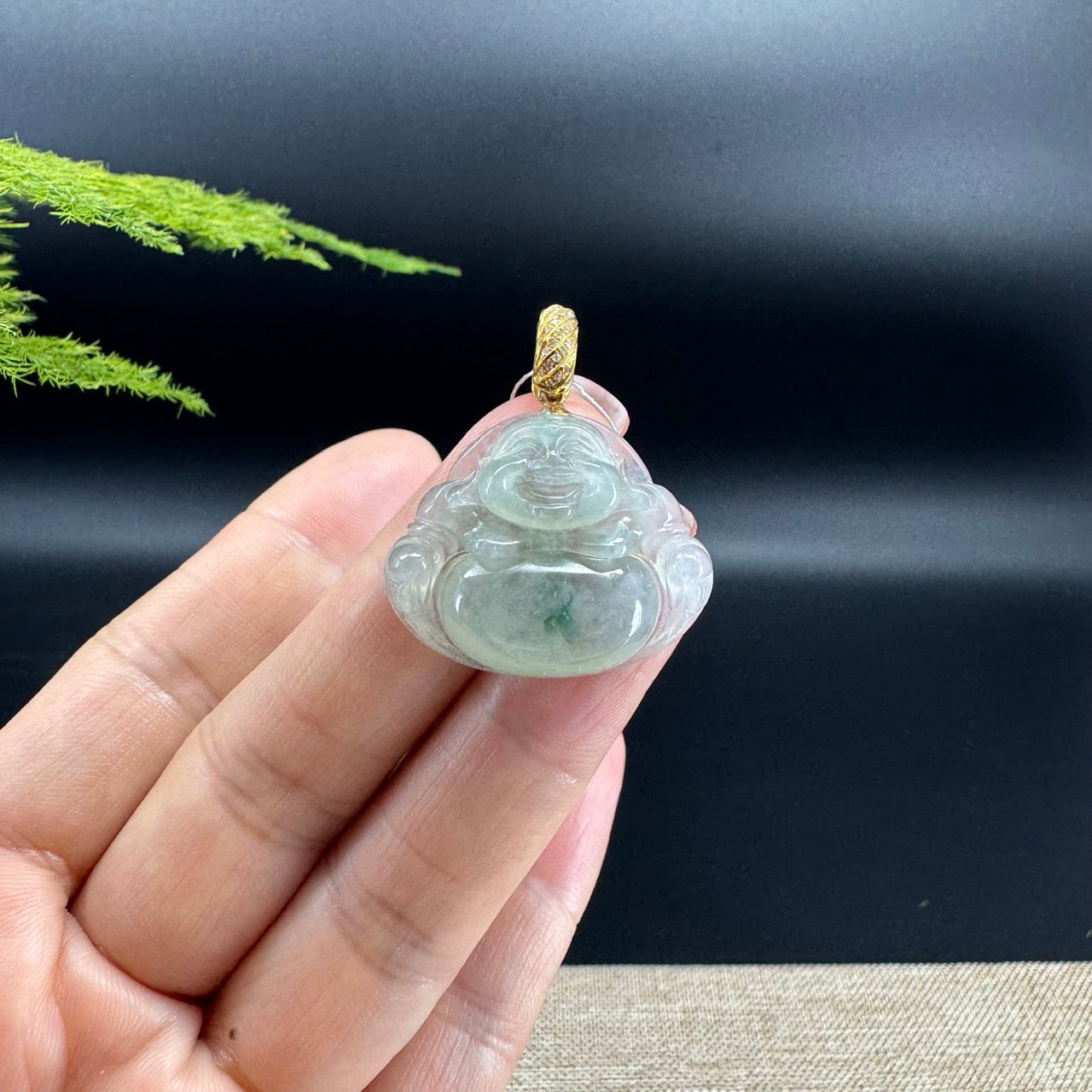 18K Yellow Gold Burmese Icy Green Jadeite Jade Happy Buddha Pendant