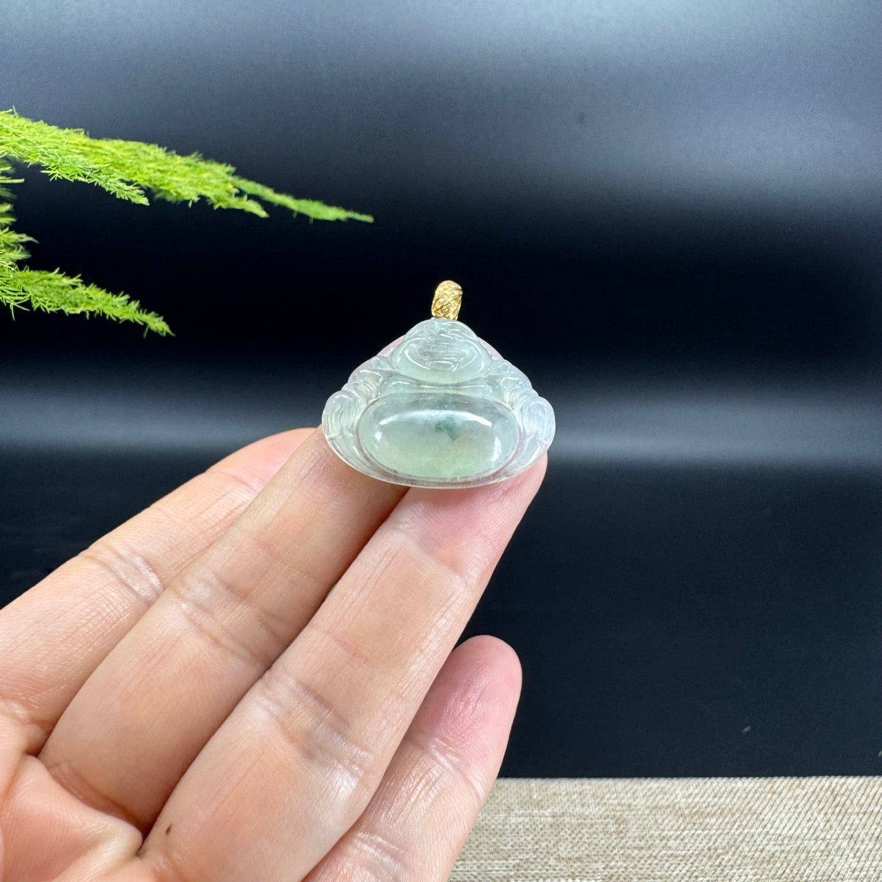 18K Yellow Gold Burmese Icy Green Jadeite Jade Happy Buddha Pendant