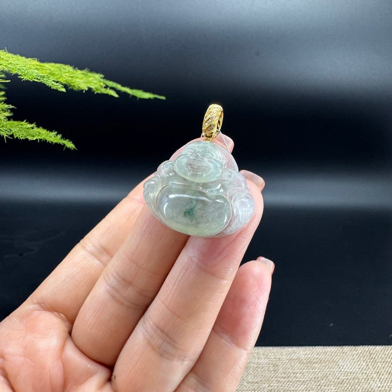 18K Yellow Gold Burmese Icy Green Jadeite Jade Happy Buddha Pendant