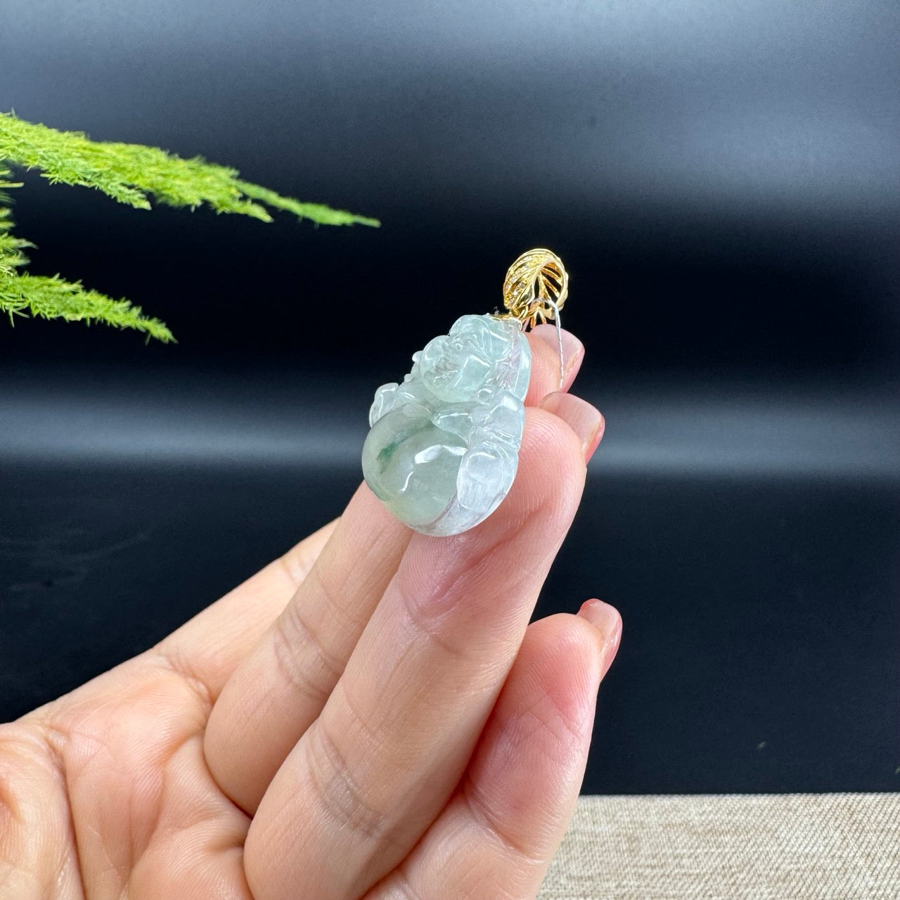 18K Yellow Gold Burmese Icy Green Jadeite Jade Happy Buddha Pendant