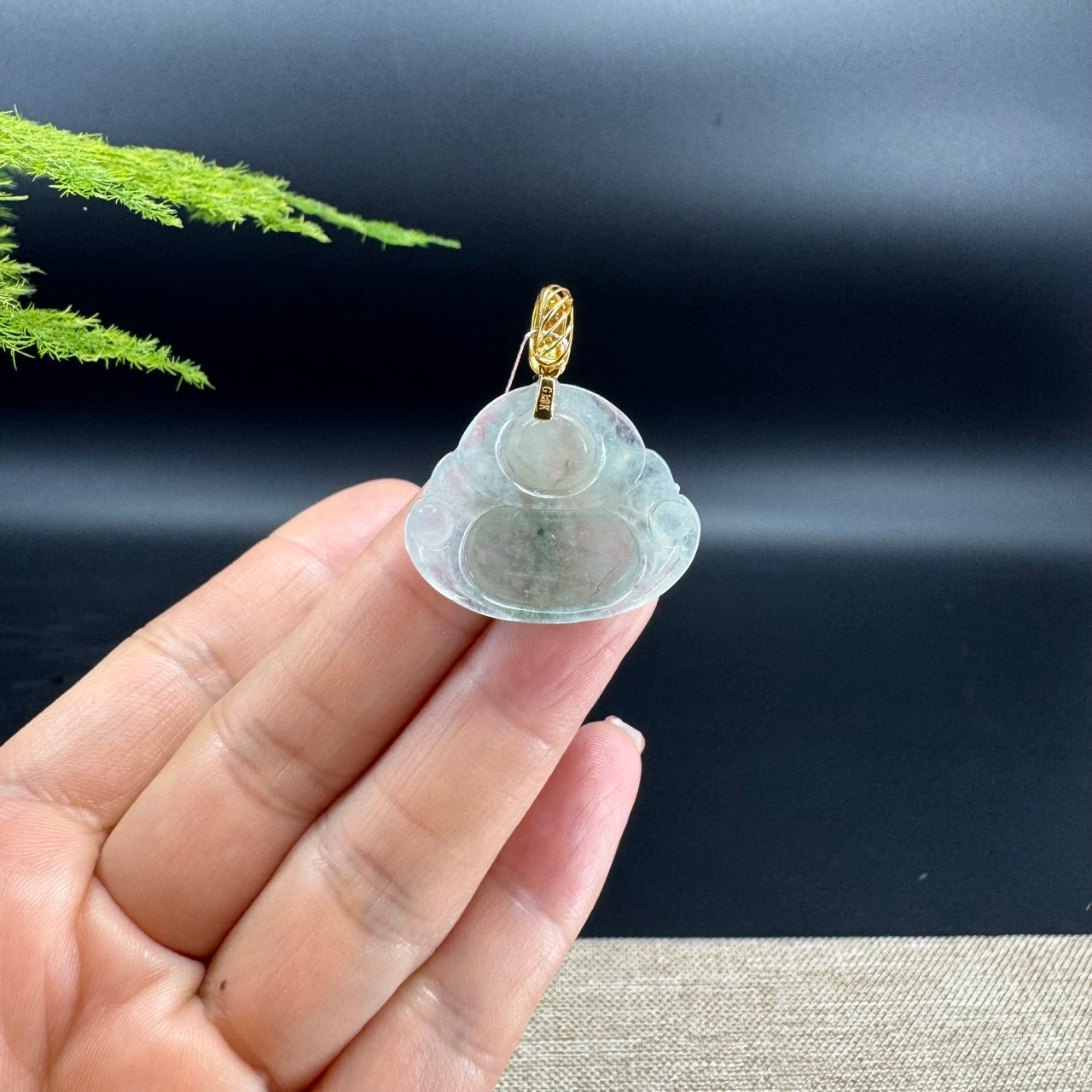 18K Yellow Gold Burmese Icy Green Jadeite Jade Happy Buddha Pendant