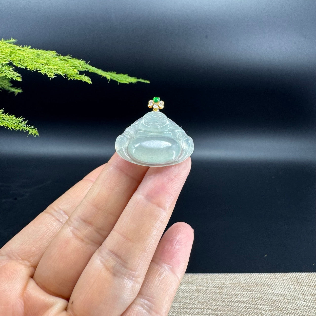 18K Yellow Gold Burmese Icy Green Jadeite Jade Happy Buddha Pendant