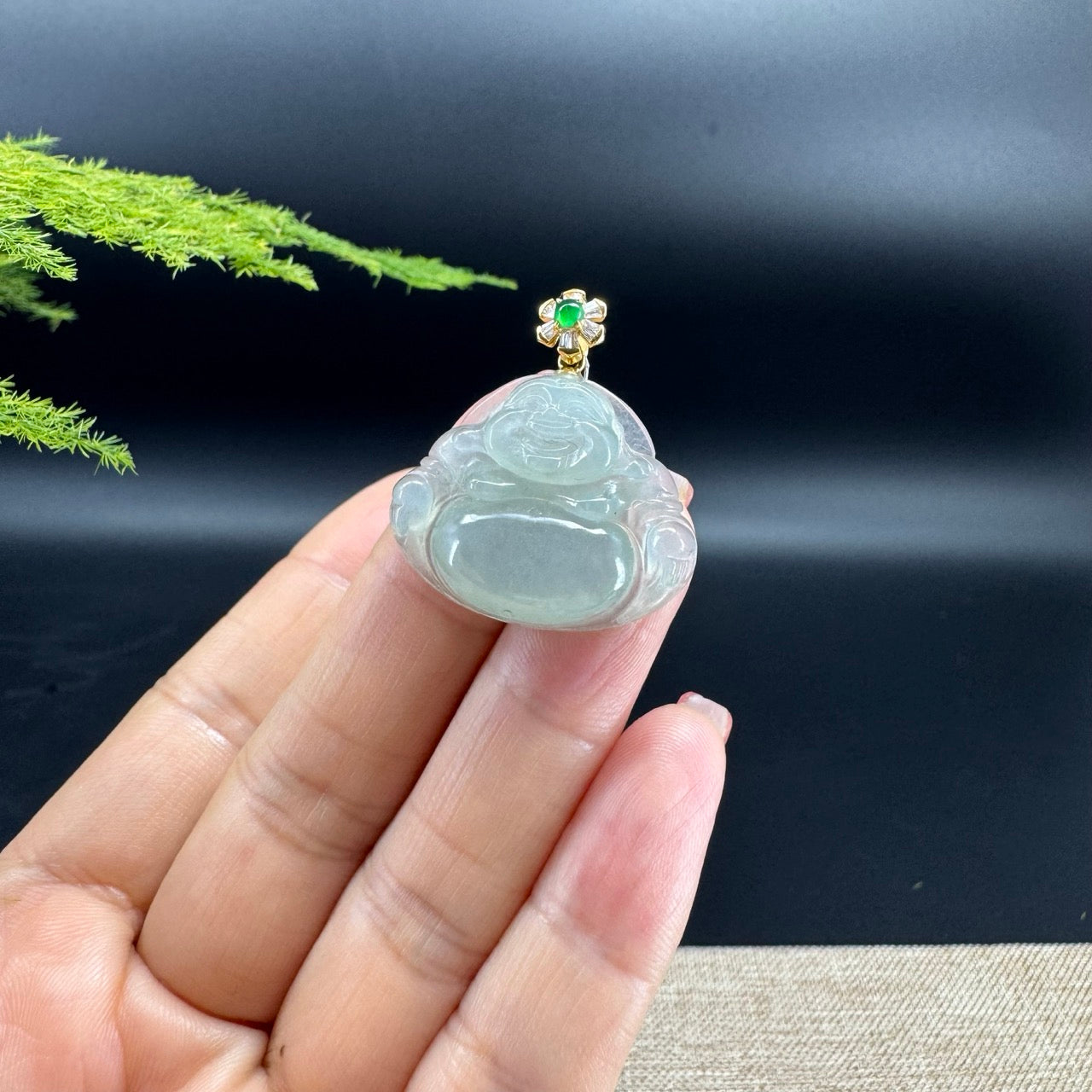 18K Yellow Gold Burmese Icy Green Jadeite Jade Happy Buddha Pendant