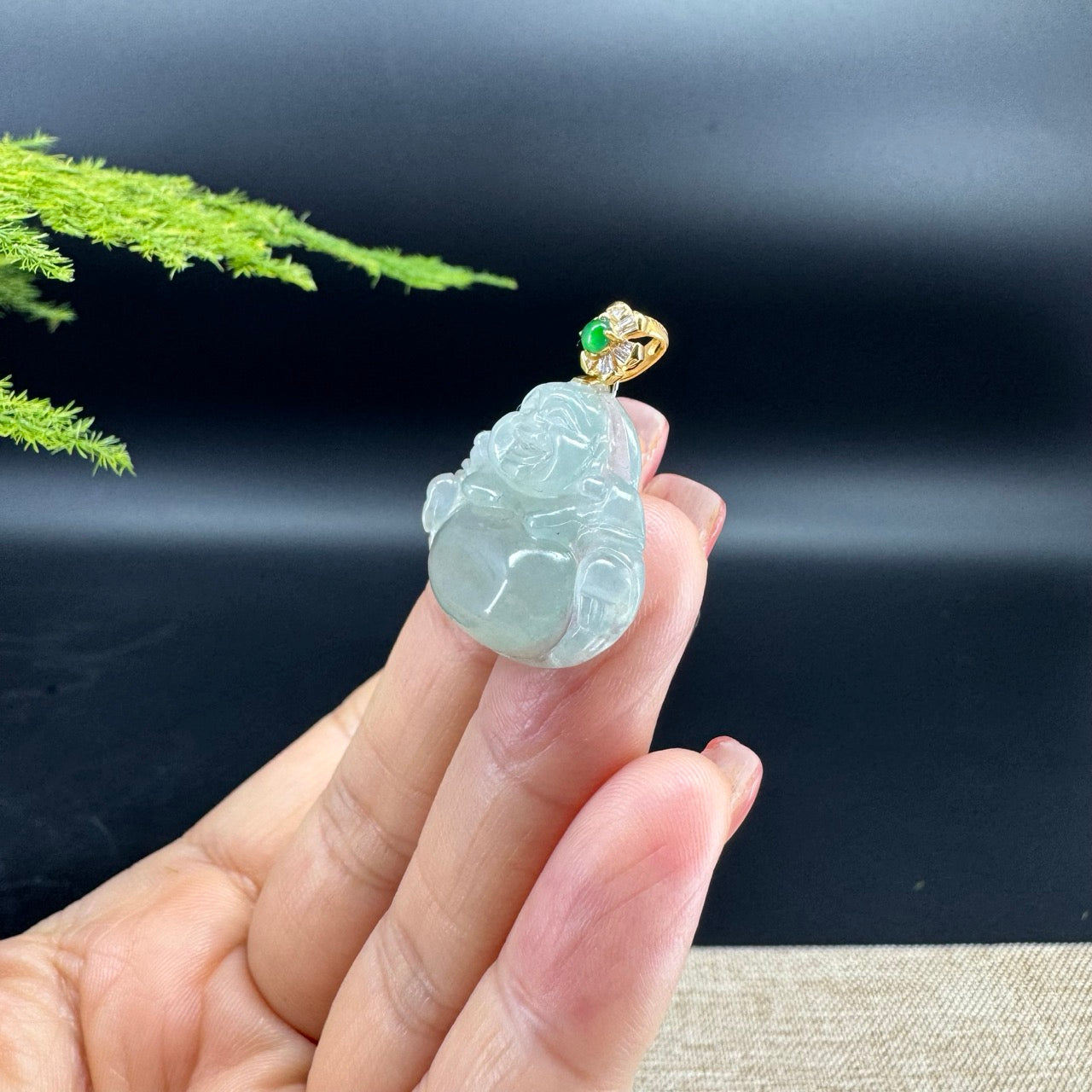 18K Yellow Gold Burmese Icy Green Jadeite Jade Happy Buddha Pendant